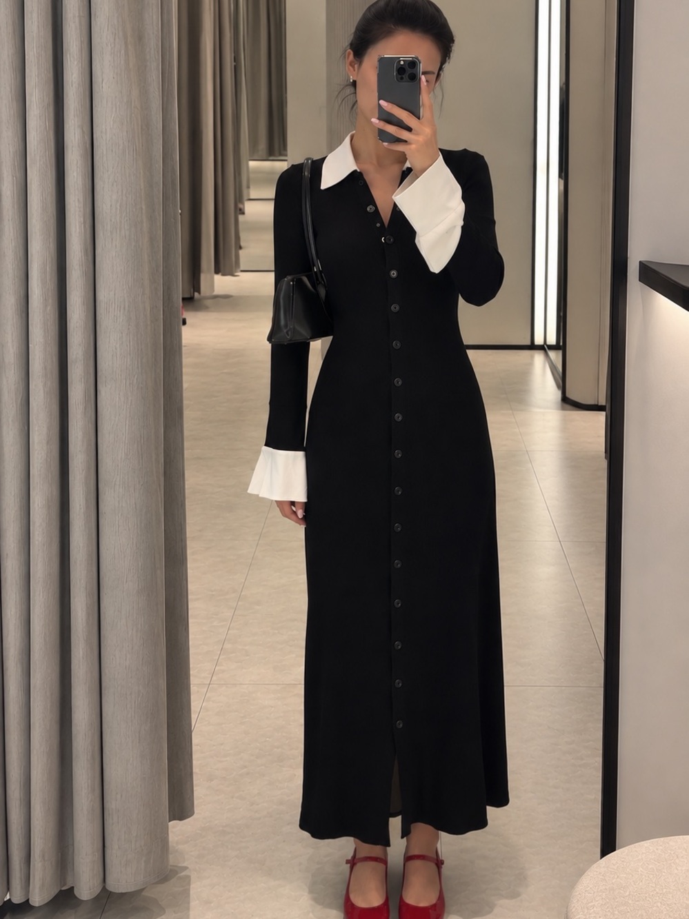 Black Long Button-Front Dress with White Collar and Cuffs